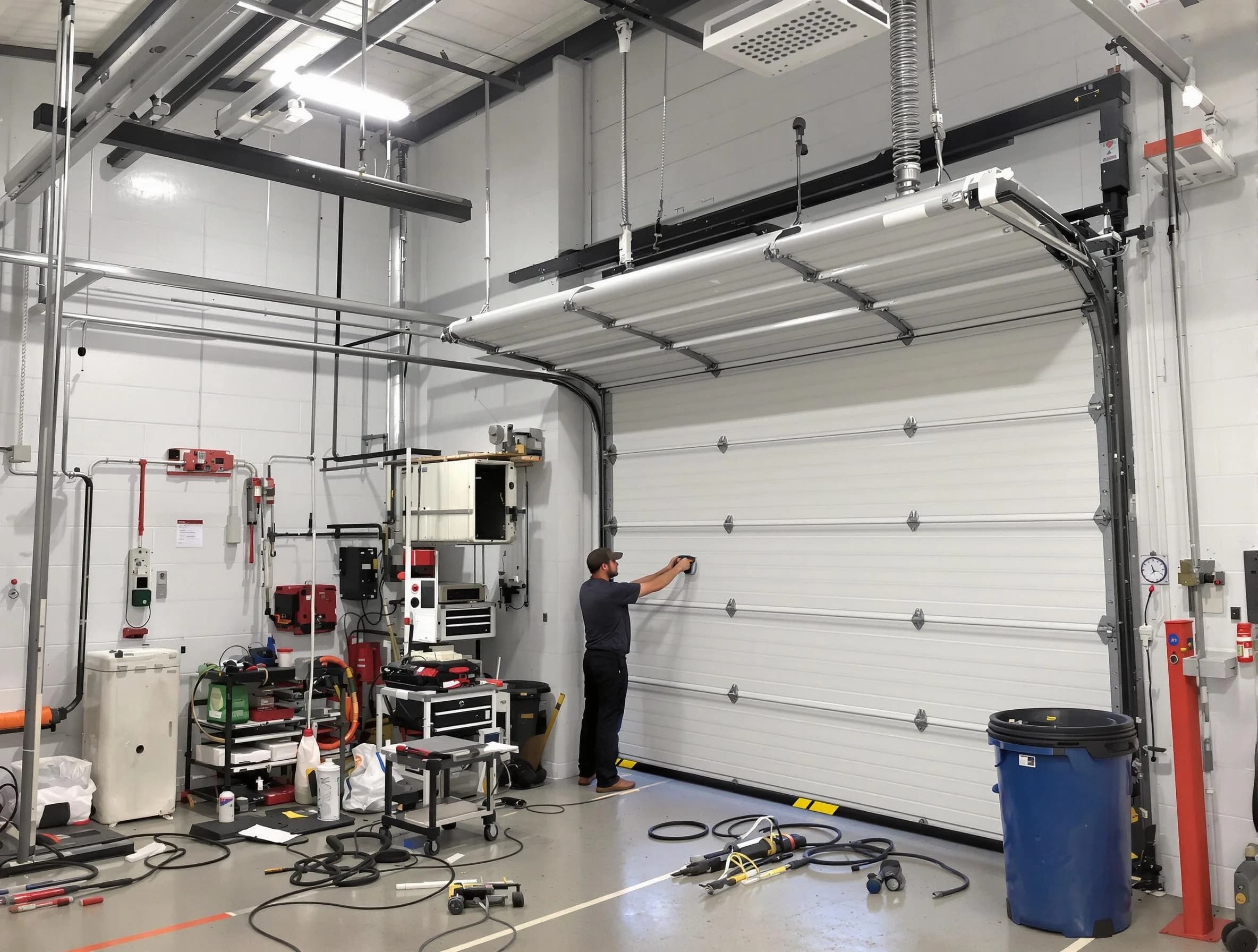 Dacula Garage Door Repair certified technician performing commercial door repair at a Dacula business facility