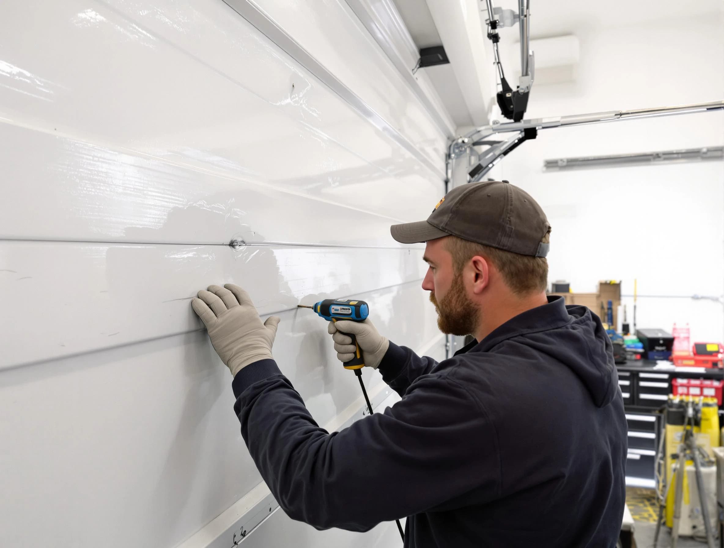 Dacula Garage Door Repair technician demonstrating precision dent removal techniques on a Dacula garage door